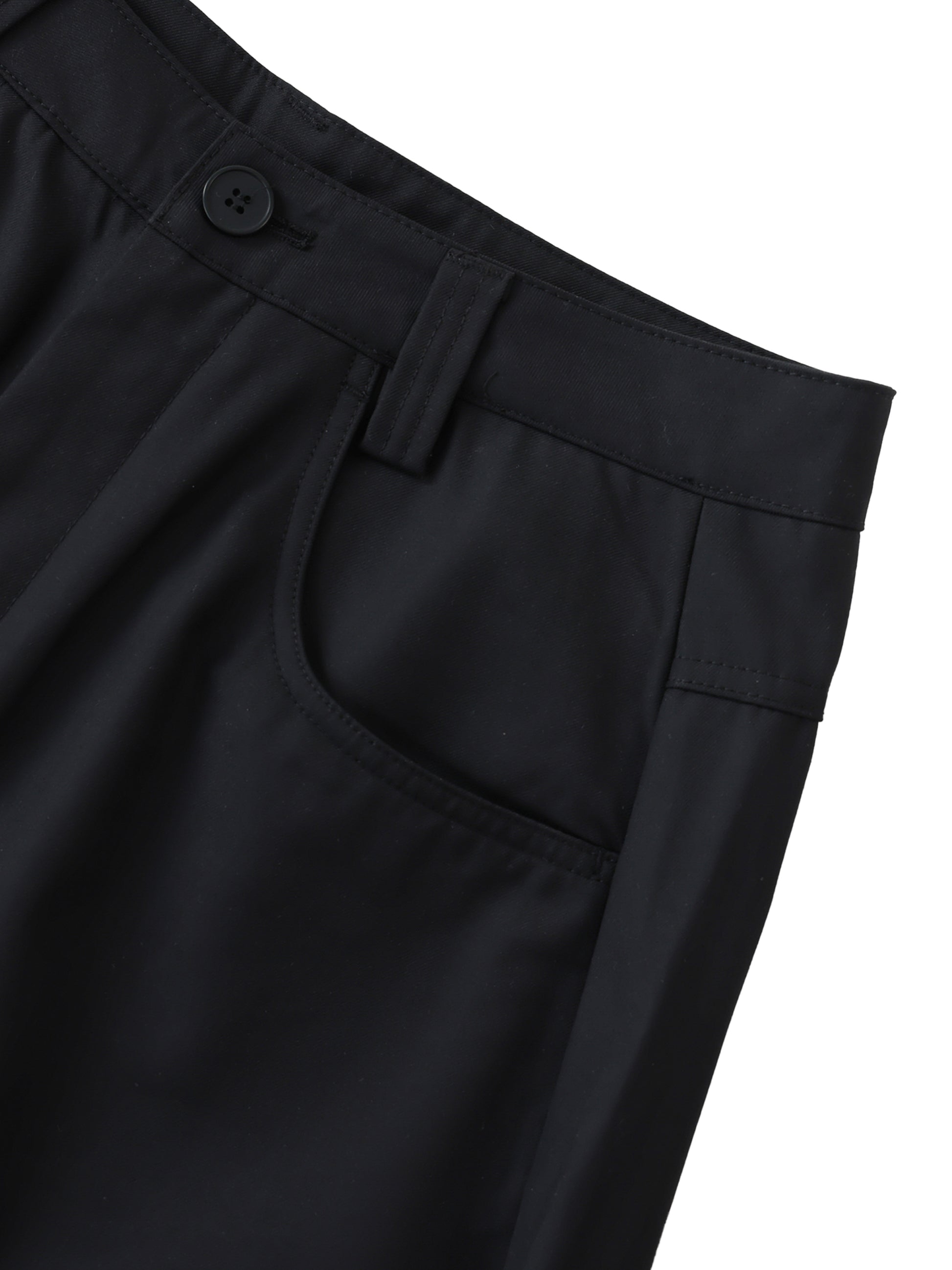 Flat lay of the black barrel pant front side-up-close left pocket - Future-Homme