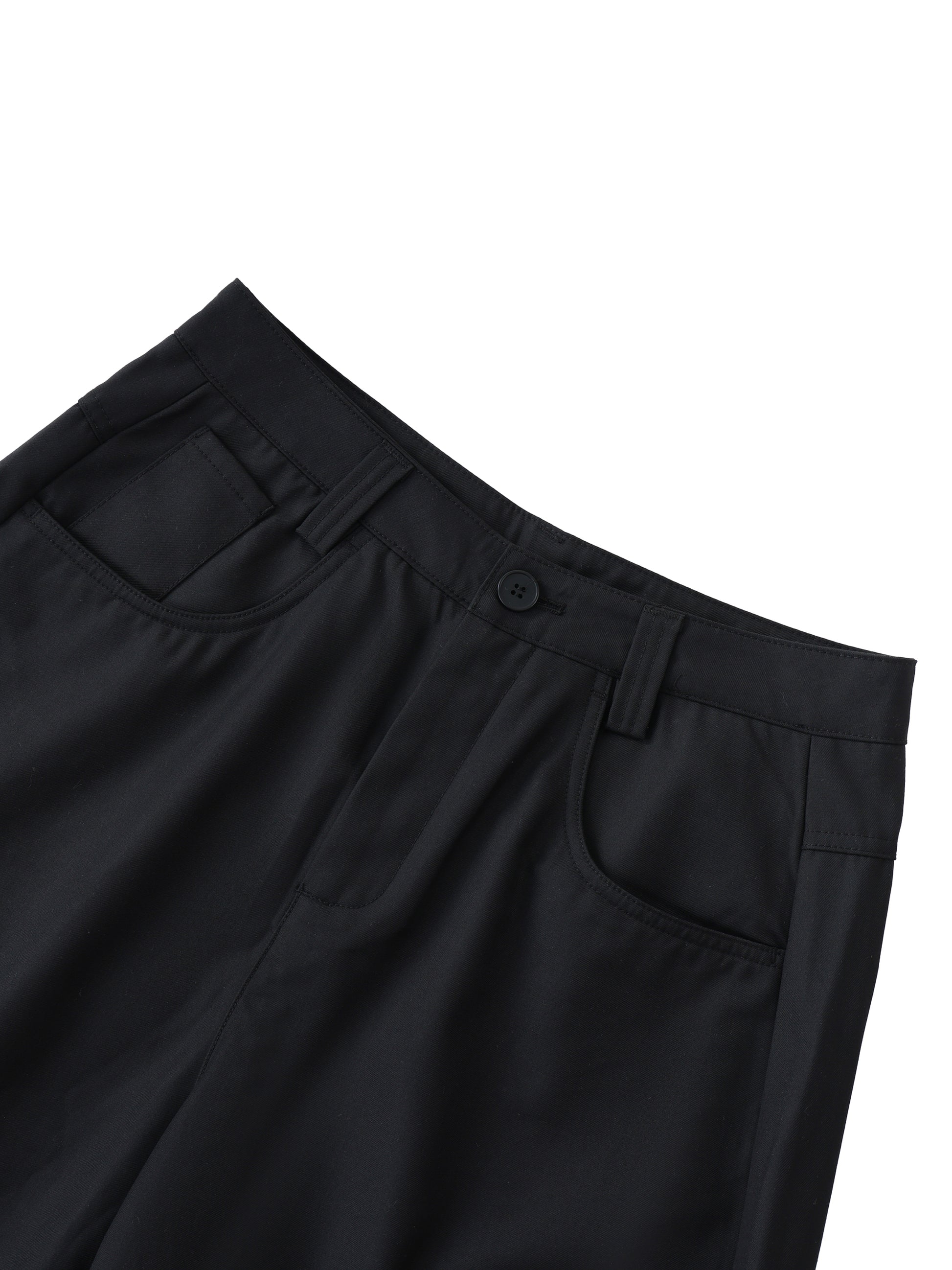 Flat lay of the black barrel pant front side up-close pockets -Future-Homme