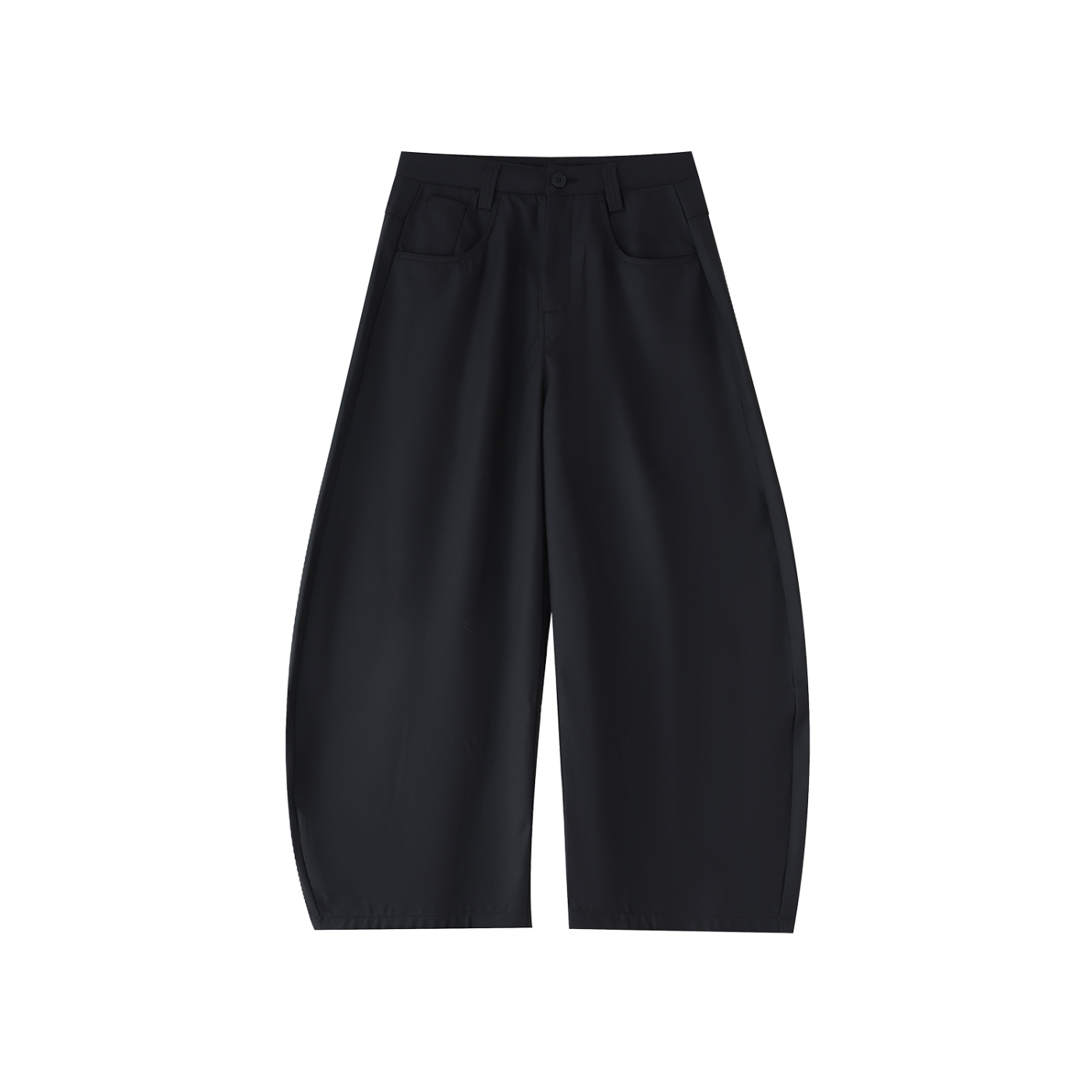 Flat lay of the black barrel pant front side-Future-Homme