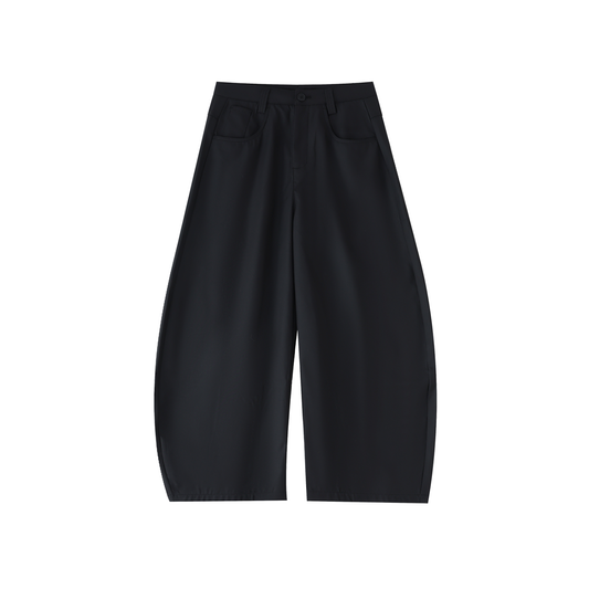 Flat lay of the black barrel pant front side-Future-Homme