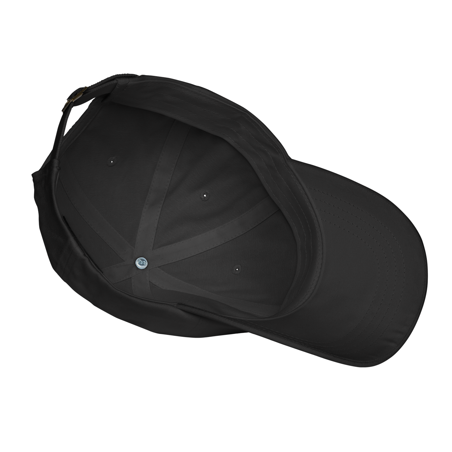 Interior of a black baseball cap on a white background. 