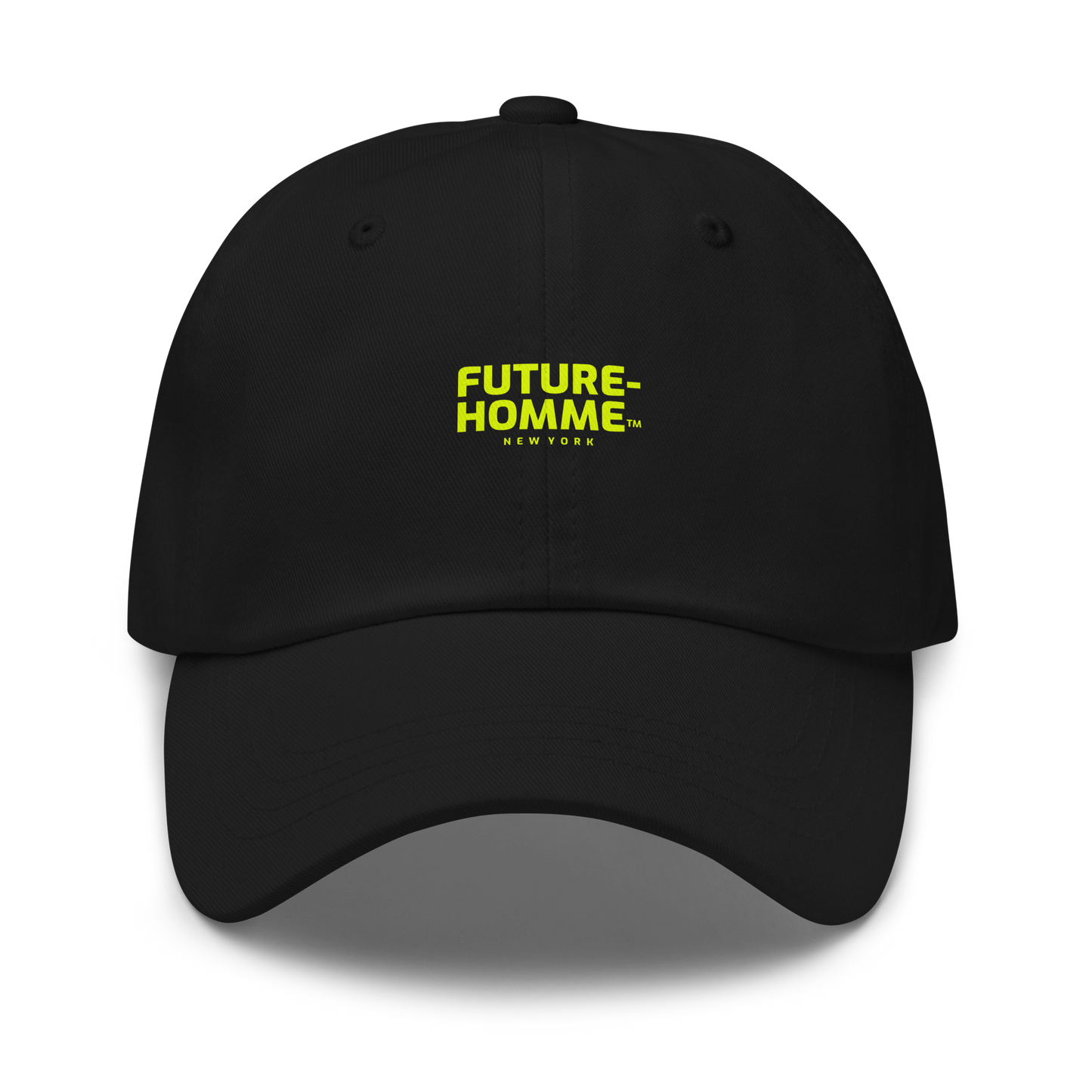 Black cap with 'FUTURE-HOMME' text in yellow on a white background