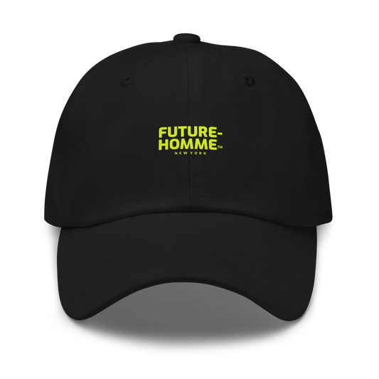 Black cap with 'FUTURE-HOMME' text in yellow on a white background