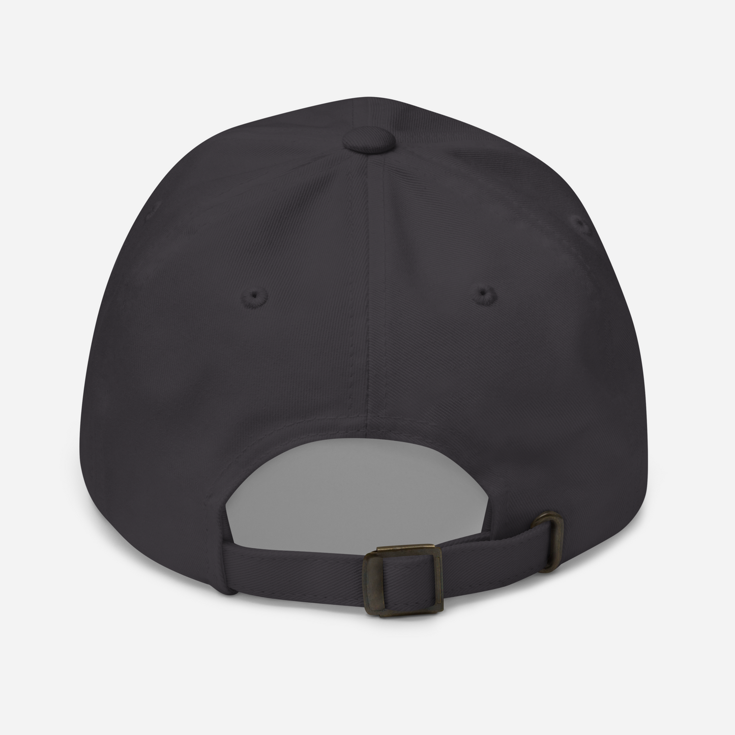 Backside of a dark gray cap with adjustable strap on the back against a white background