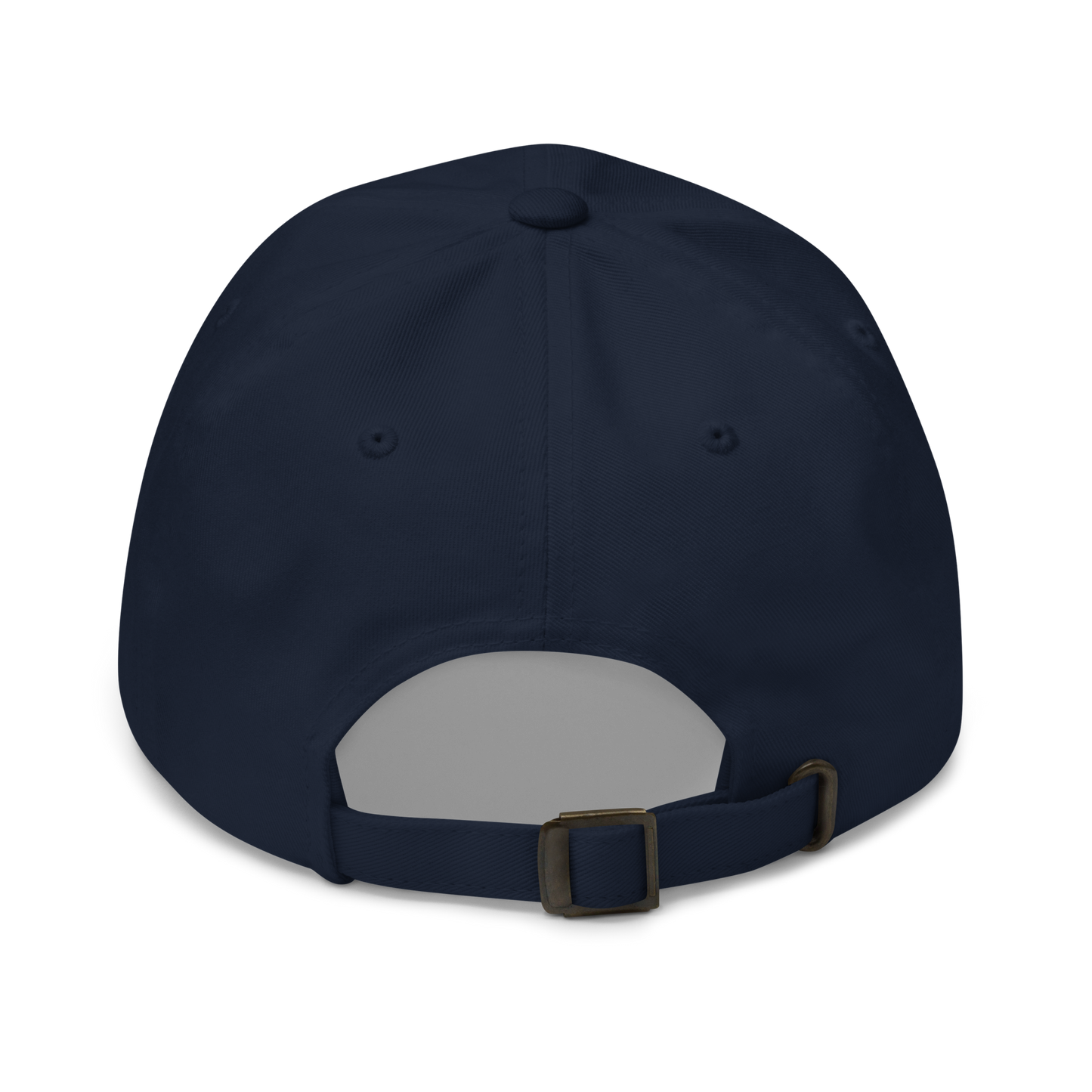 Backside of a navy blue cap and adjustable strap on a white background. 