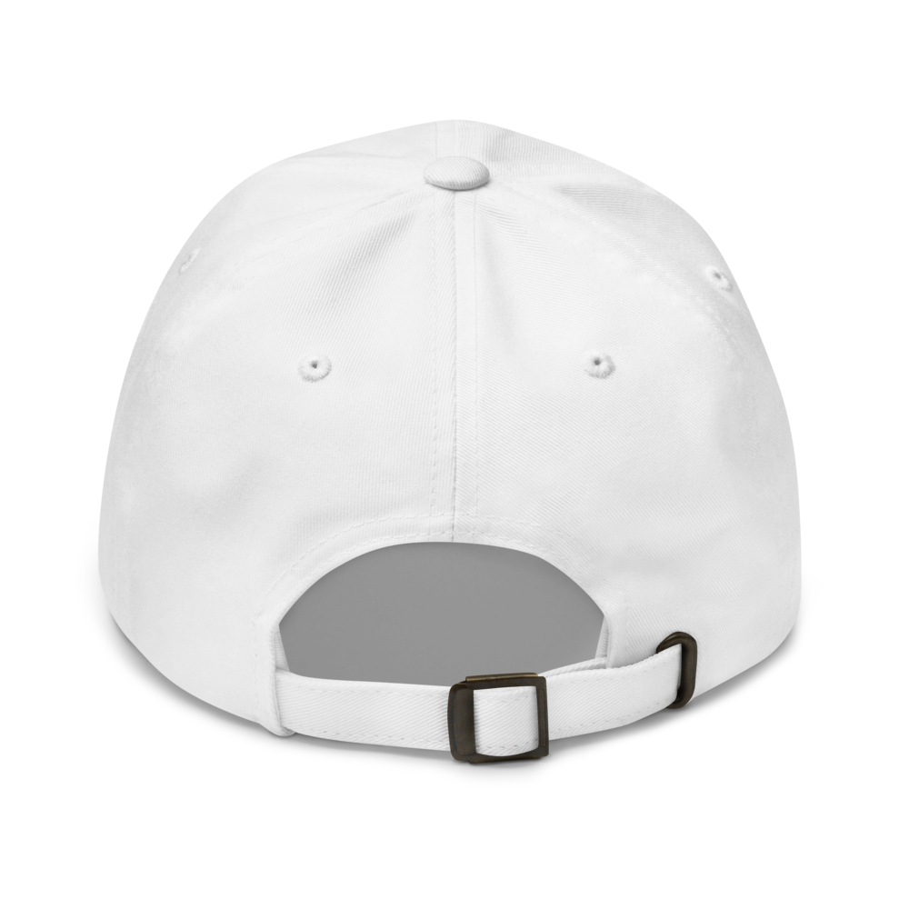 Backside of white cap with adjustable strap on a white background