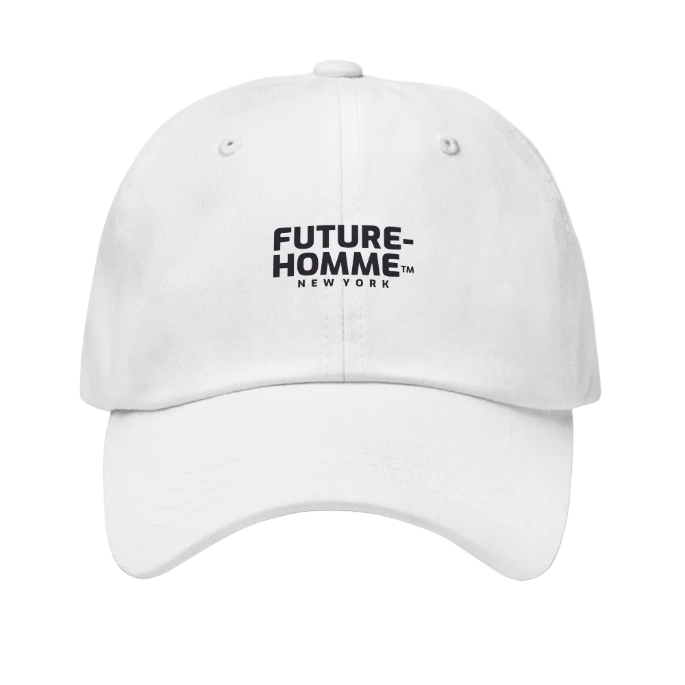 White cap with 'Future-Homme New York' text on a white background