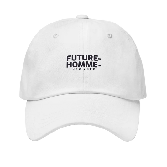 White cap with 'Future-Homme New York' text on a white background