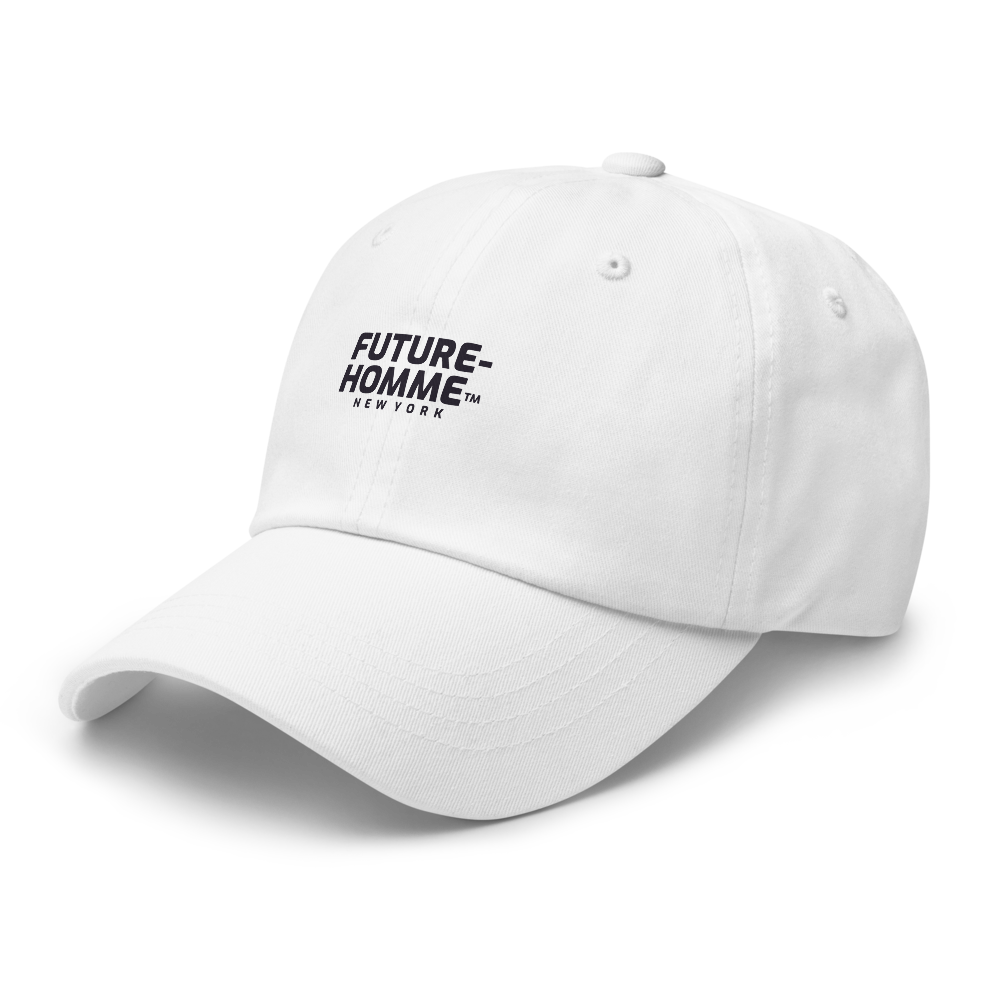 White cap with 'FUTURE-HOMME NEW YORK' text on a white background