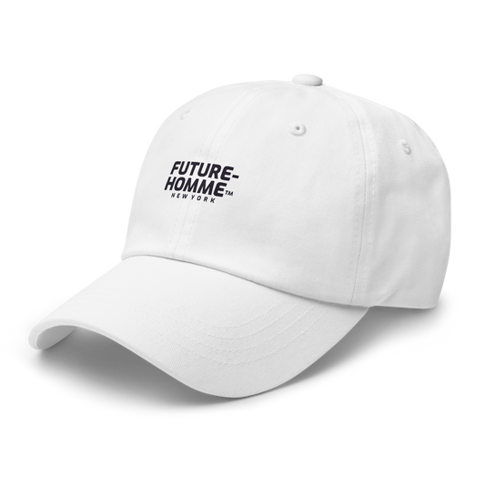 White cap with 'FUTURE-HOMME NEW YORK' text on a white background