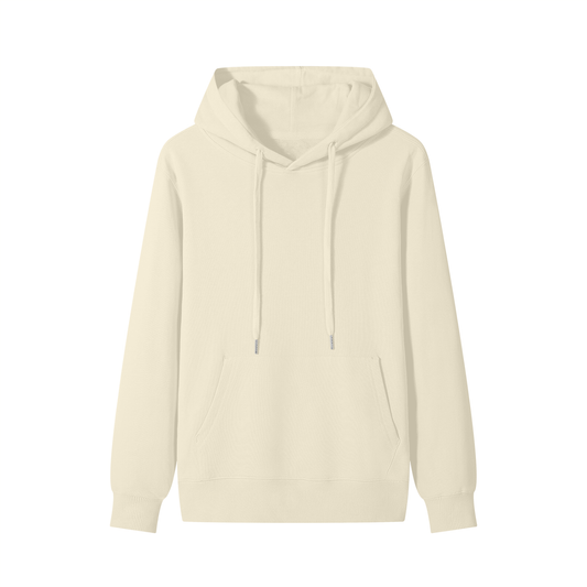 Flat lay of the sustainable Future-Homme daily uniform classic cotton hoodie in apricot frontside on a white background 