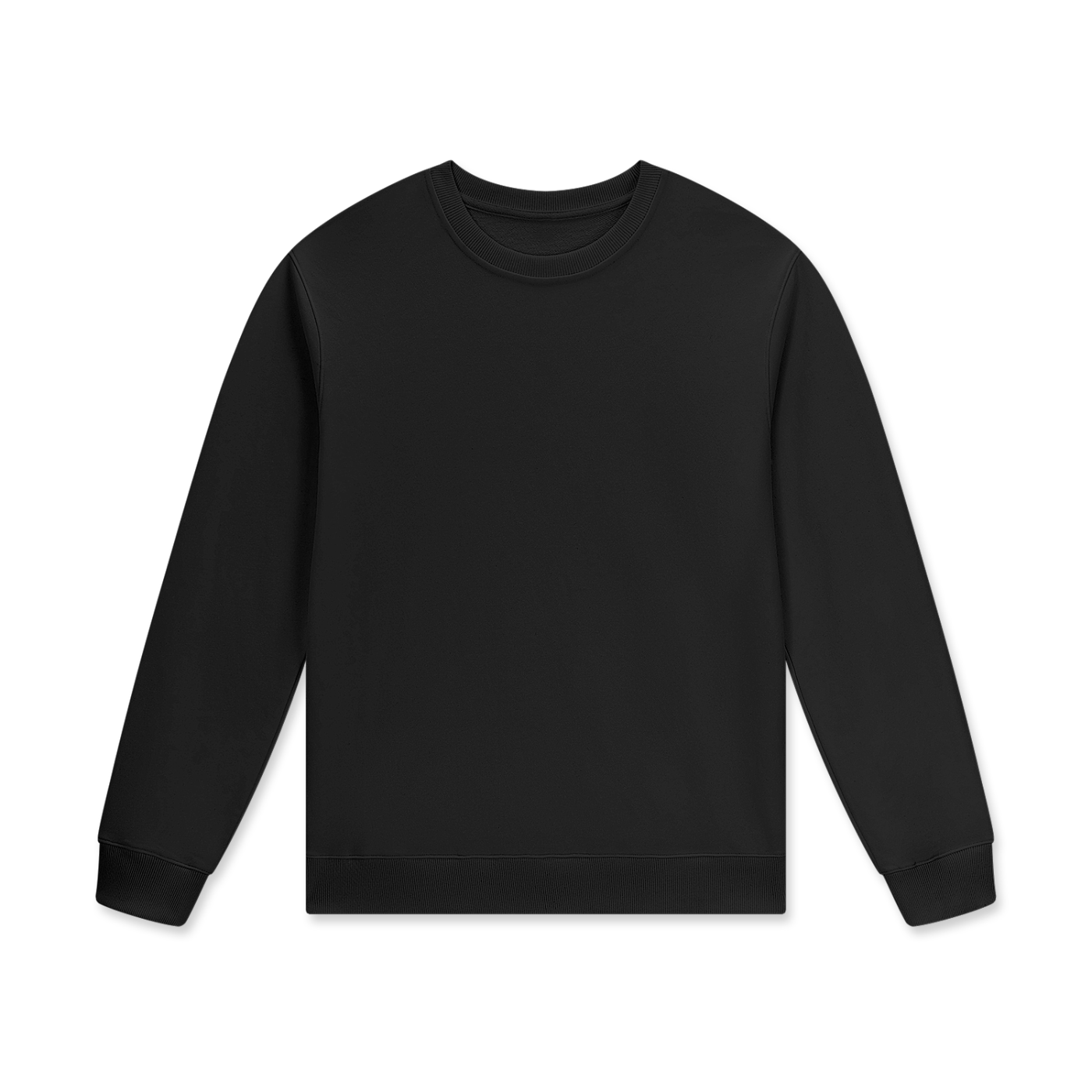 Flat lay of sustainable 280 GSM Future-Homme daily uniform classic essential cotton pullover sweatshirt in black frontside on a white background 