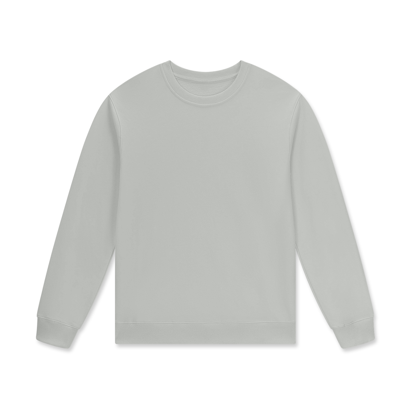 Flat lay of sustainable 280 GSM Future-Homme daily uniform classic essential cotton pullover sweatshirt in formal gray frontside on a white background 