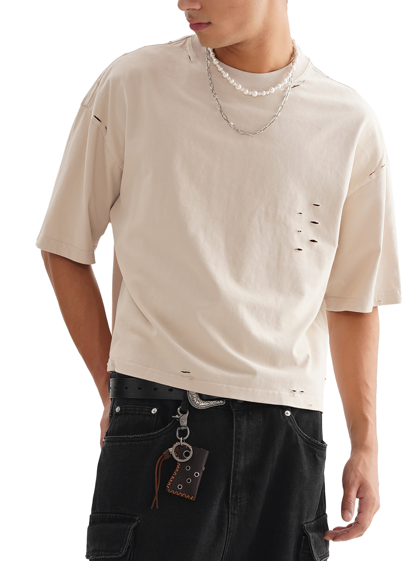 Flat lay of the sustainable 250 GSM Future-Homme made-to-order daily uniform classic frayed boxy t-shirt in apricot frontside angle on a white background