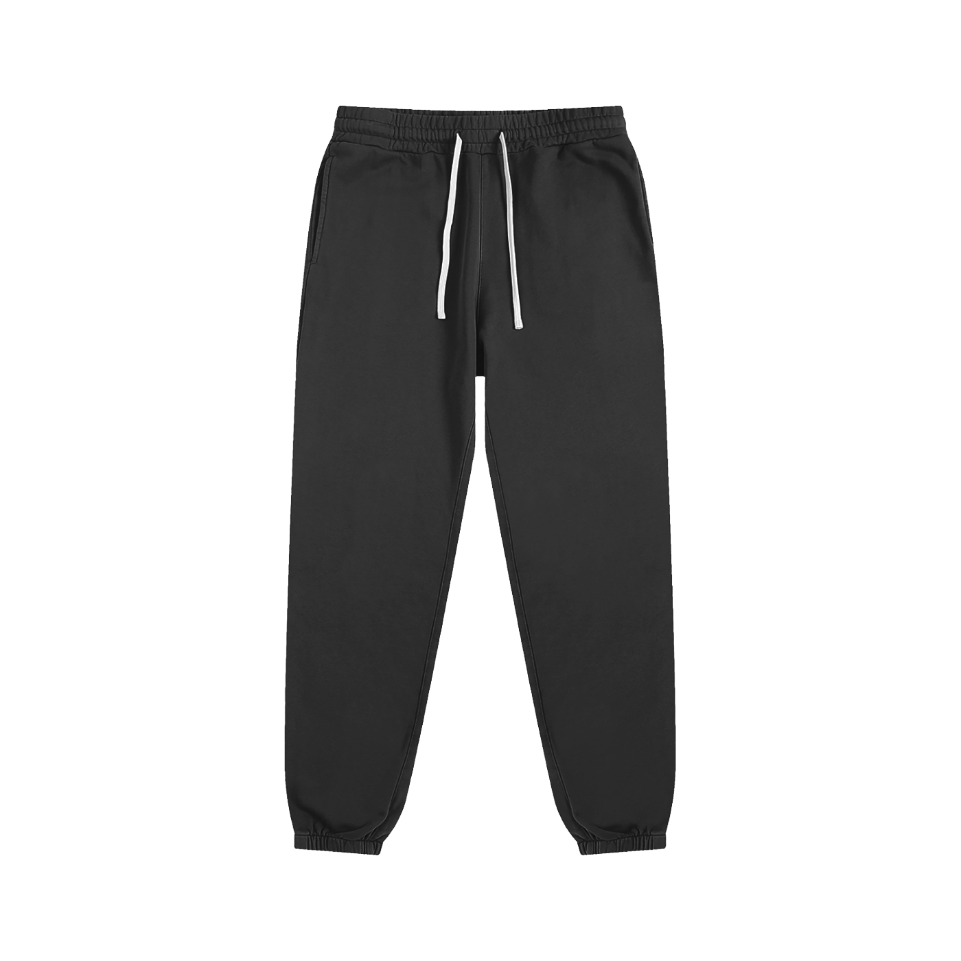 Flat lay of sustainable 340 GSM Future-Homme daily uniform cotton fleece sweatpants in black on a white background 