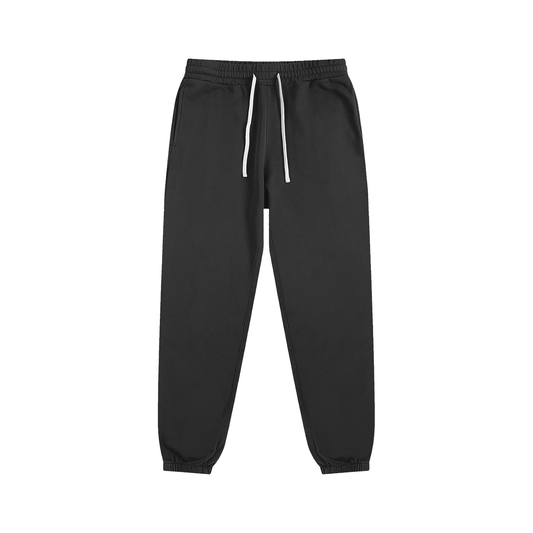 Flat lay of sustainable 340 GSM Future-Homme daily uniform cotton fleece sweatpants in black on a white background 