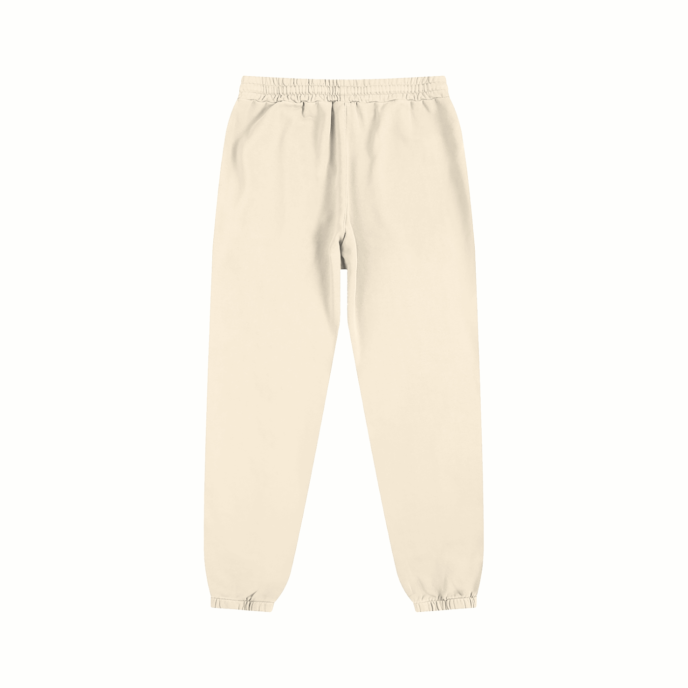 Flat lay of sustainable 340 GSM Future-Homme daily uniform cotton fleece sweatpants backside in cream apricot on a white background 