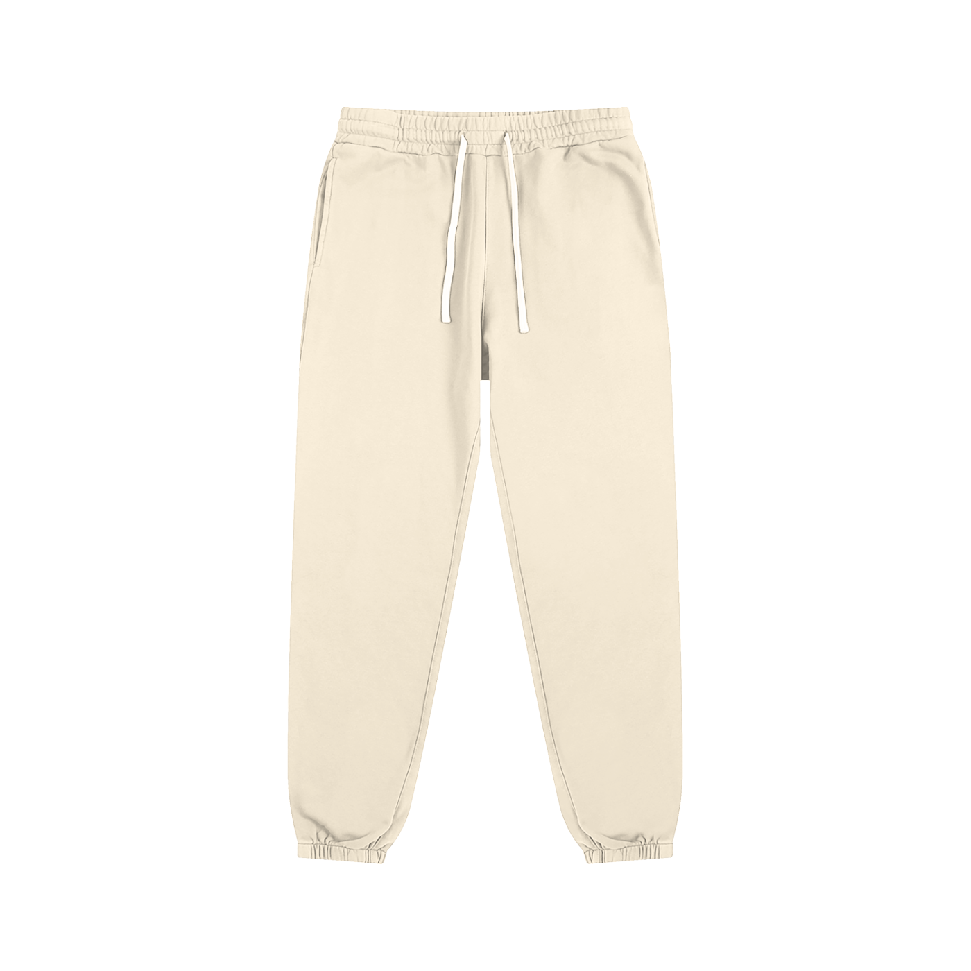 Flat lay of sustainable 340 GSM Future-Homme daily uniform cotton fleece sweatpants frontside in cream apricot on a white background 