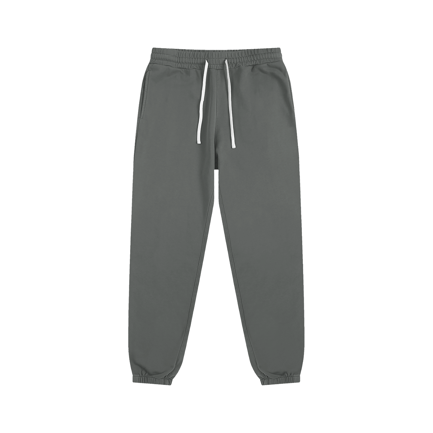 Flat lay of sustainable 340 GSM Future-Homme daily uniform cotton fleece sweatpants frontside in gray on a white background 