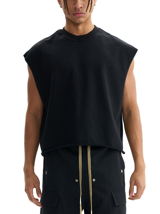 Model wearing the sustainable Future-Homme daily uniform French Terry boxy tank top in 340 GSM in black frontside on a white background