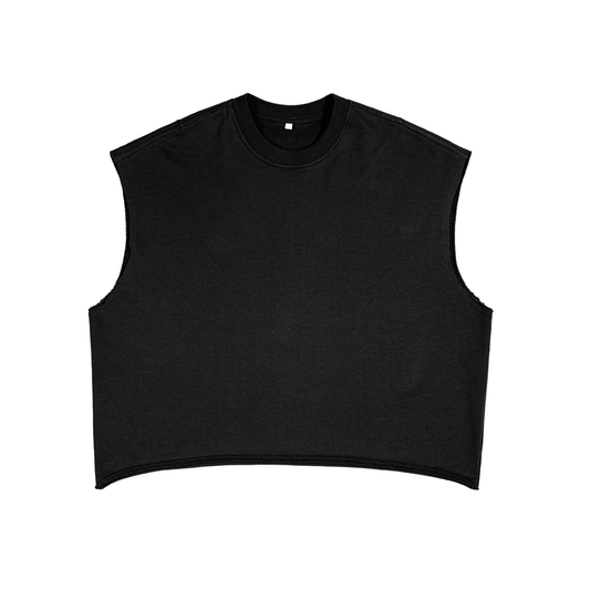 Flat lay of the sustainable Future-Homme daily uniform French Terry boxy tank top in 340 GSM in black frontside on a white background