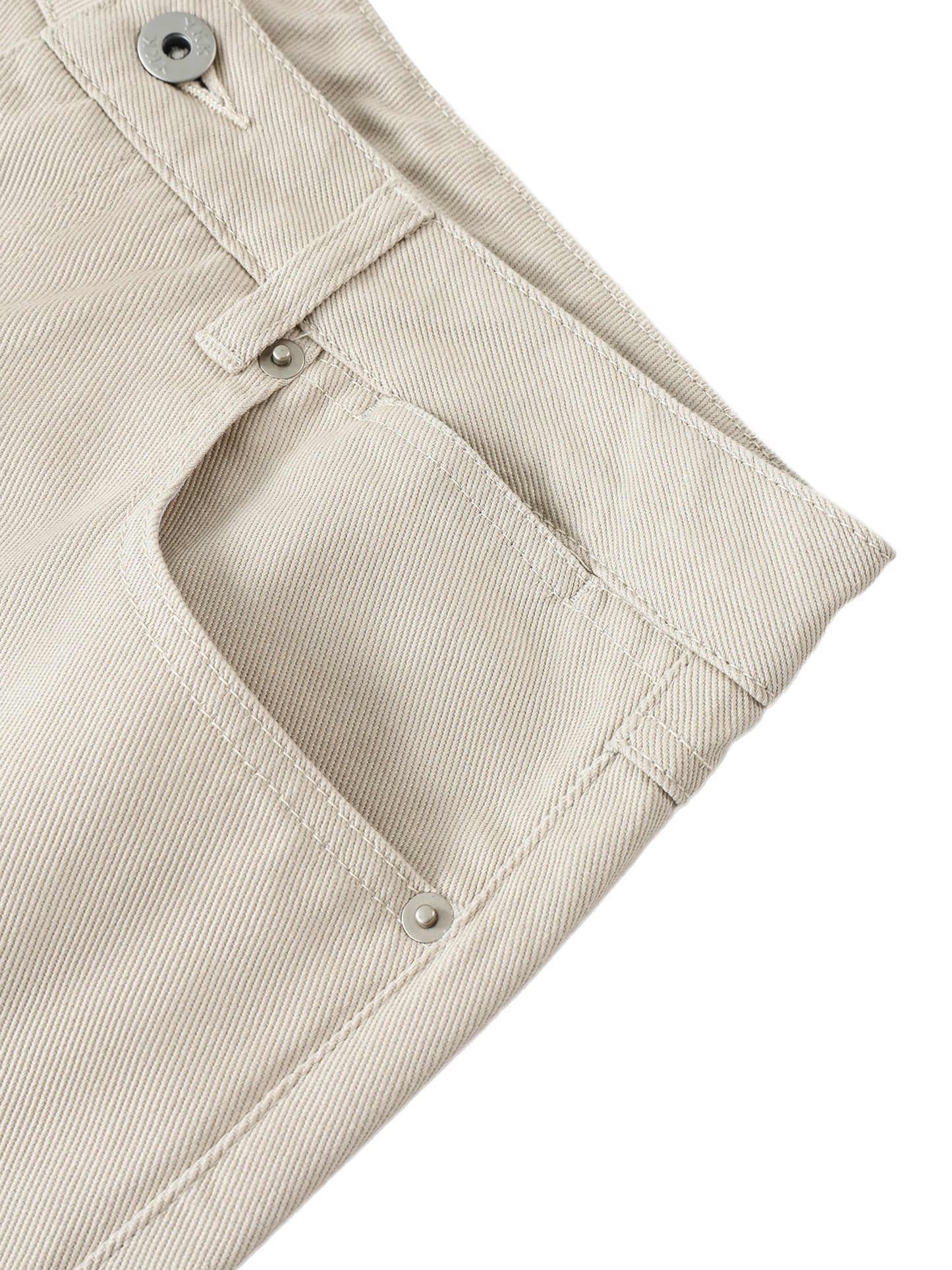 Flat lay close up shot of the Future-Homme heavyweight cotton straight leg pants sustainable 360 GSM in pale khaki frontside pockets  on a white background 
