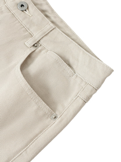 Flat lay close up shot of the Future-Homme heavyweight cotton straight leg pants sustainable 360 GSM in pale khaki frontside pockets  on a white background 