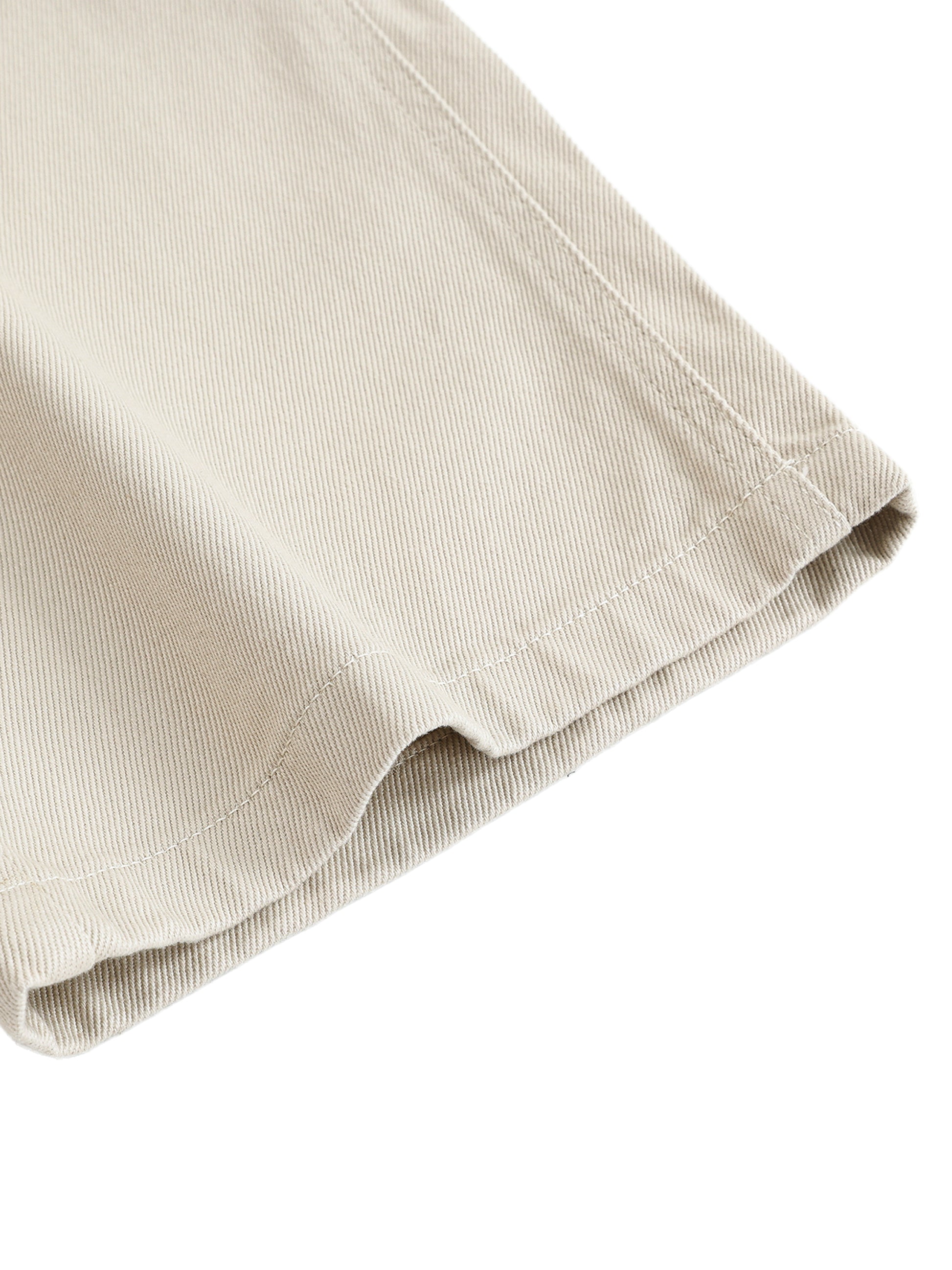 Flat lay close up shot of the Future-Homme heavyweight cotton straight leg pants sustainable 360 GSM in pale khaki pant leg on a white background 