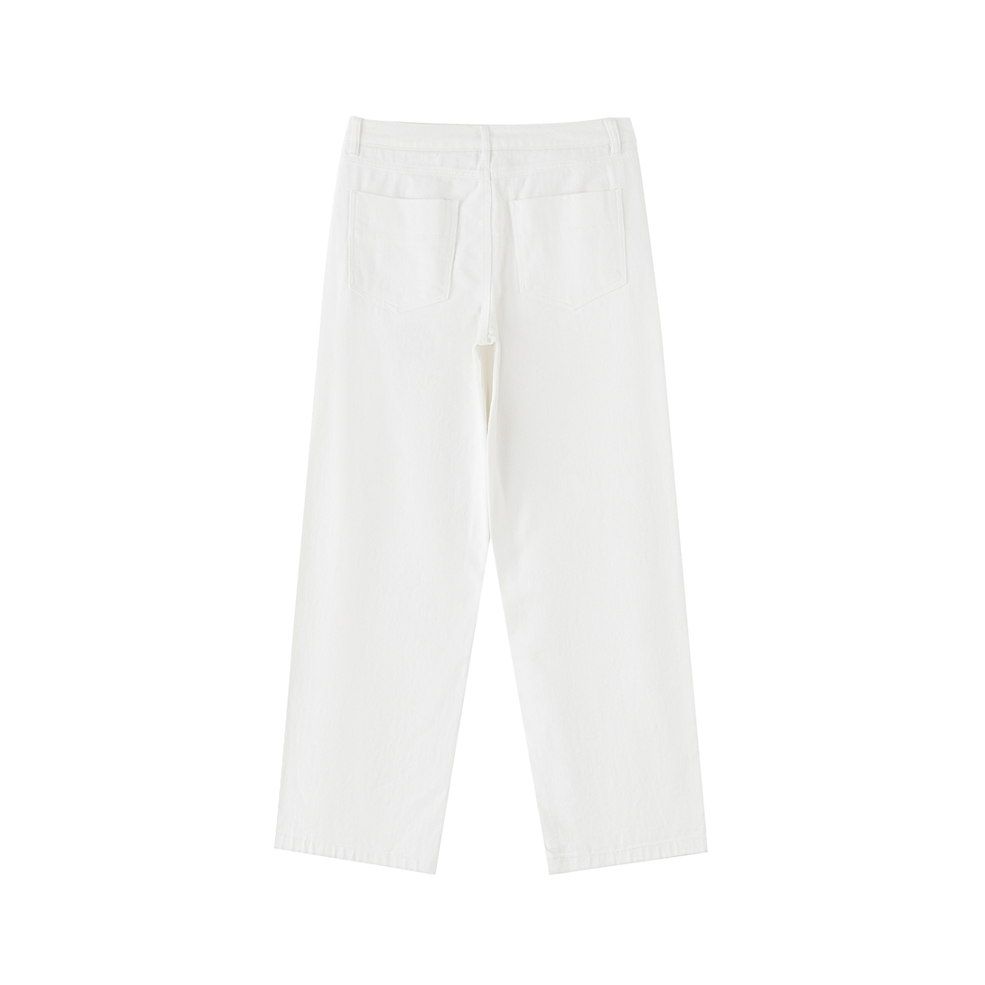 Flat lay of Future-Homme heavyweight cotton straight leg pants in white sustainable 360 GSM back side on a white background