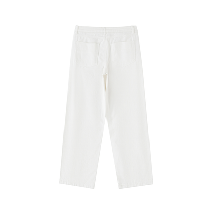 Flat lay of Future-Homme heavyweight cotton straight leg pants in white sustainable 360 GSM back side on a white background