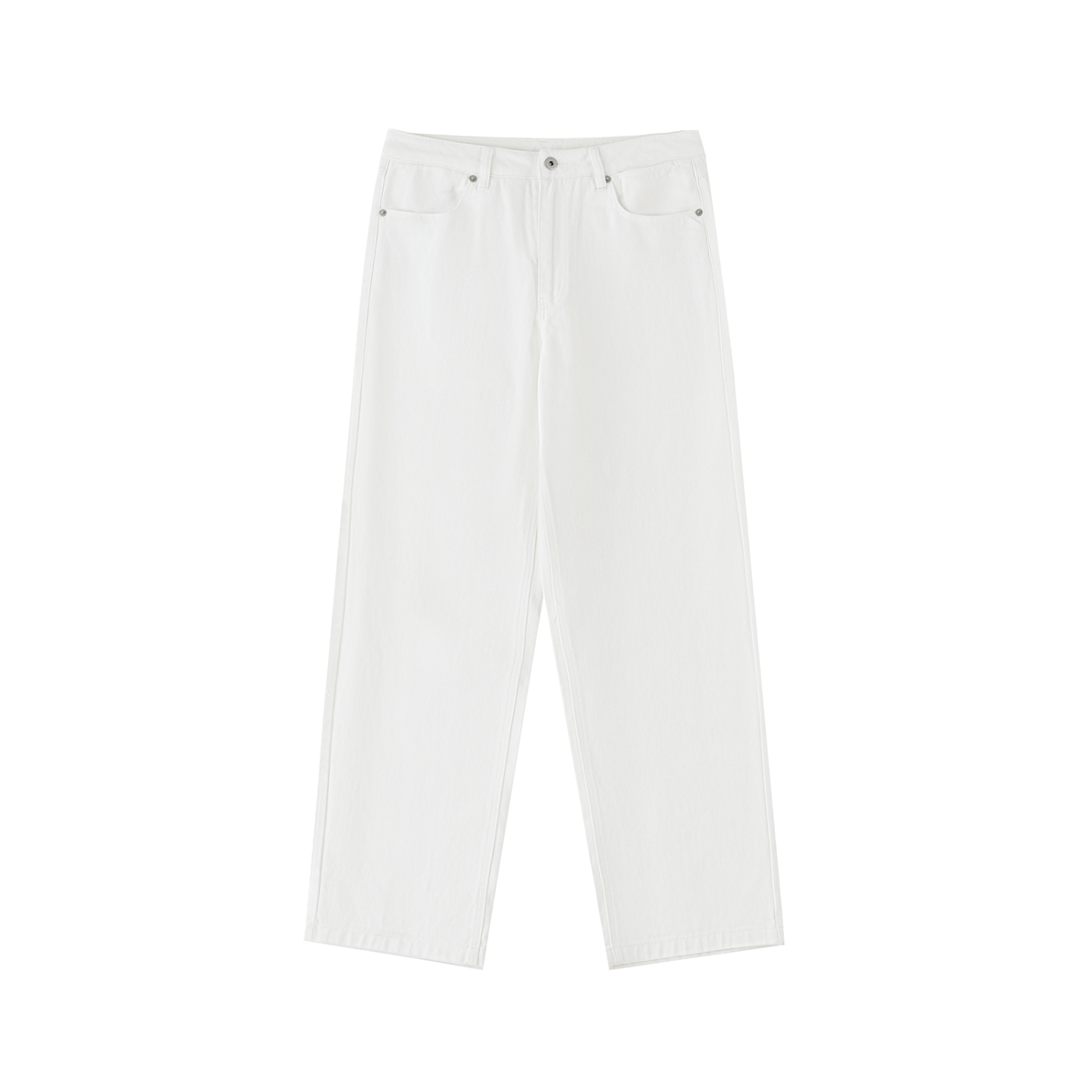 Flat lay of Future-Homme heavyweight cotton straight leg pants in white sustainable 360 GSM front side on a white background