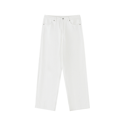 Flat lay of Future-Homme heavyweight cotton straight leg pants in white sustainable 360 GSM front side on a white background