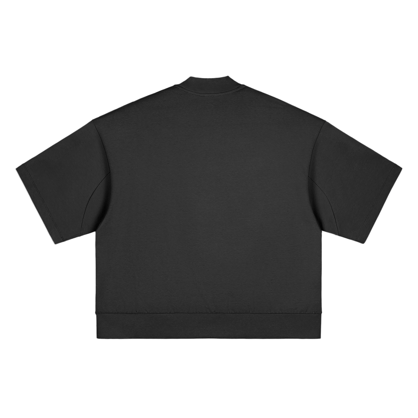 Flat lay of the sustainable Future-Homme daily uniform heavyweight oversized mock neck tee 305 GSM in black backside on a white background