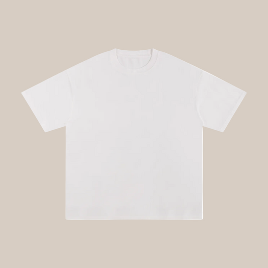 Flat lay of the sustainable Future-Homme daily uniform loose cotton drop tee 230 GSM in white frontside on a white background