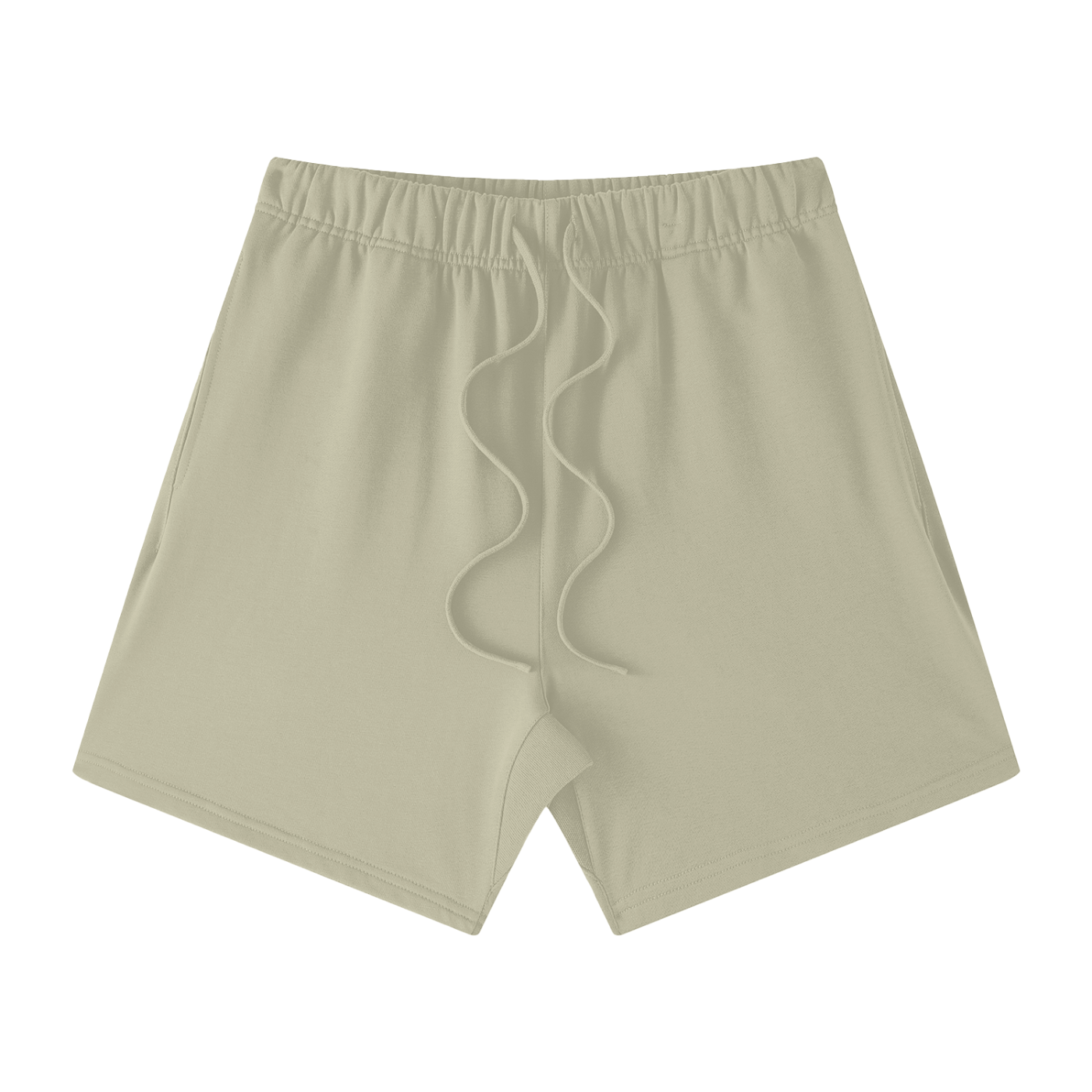 Flat lay of 425 GSM sustainable Future-Homme daily uniform loose cotton heavyweight gray apricot shorts frontside on a white background 