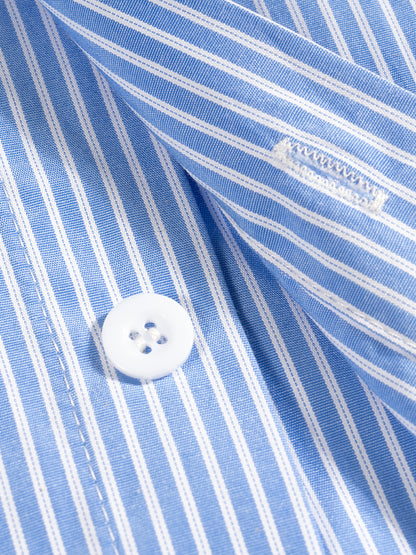 Flat lay of the sustainable 100 GSM Future Homme daily uniform oversized short sleeve vertical striped boxy shirt in blue frontside button on a white background  