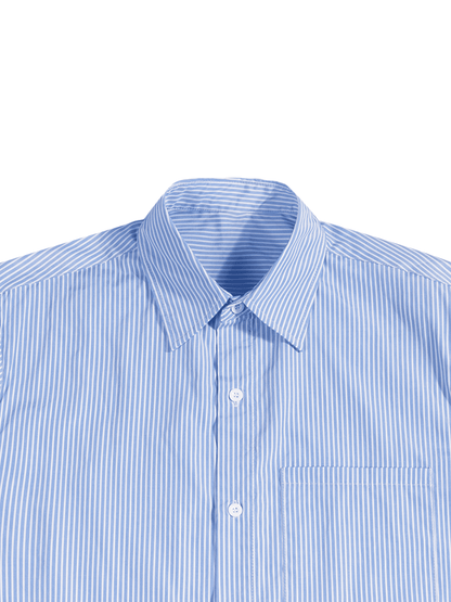 Flat lay of the sustainable 100 GSM Future Homme daily uniform oversized short sleeve vertical striped boxy shirt in blue frontside collar on a white background  