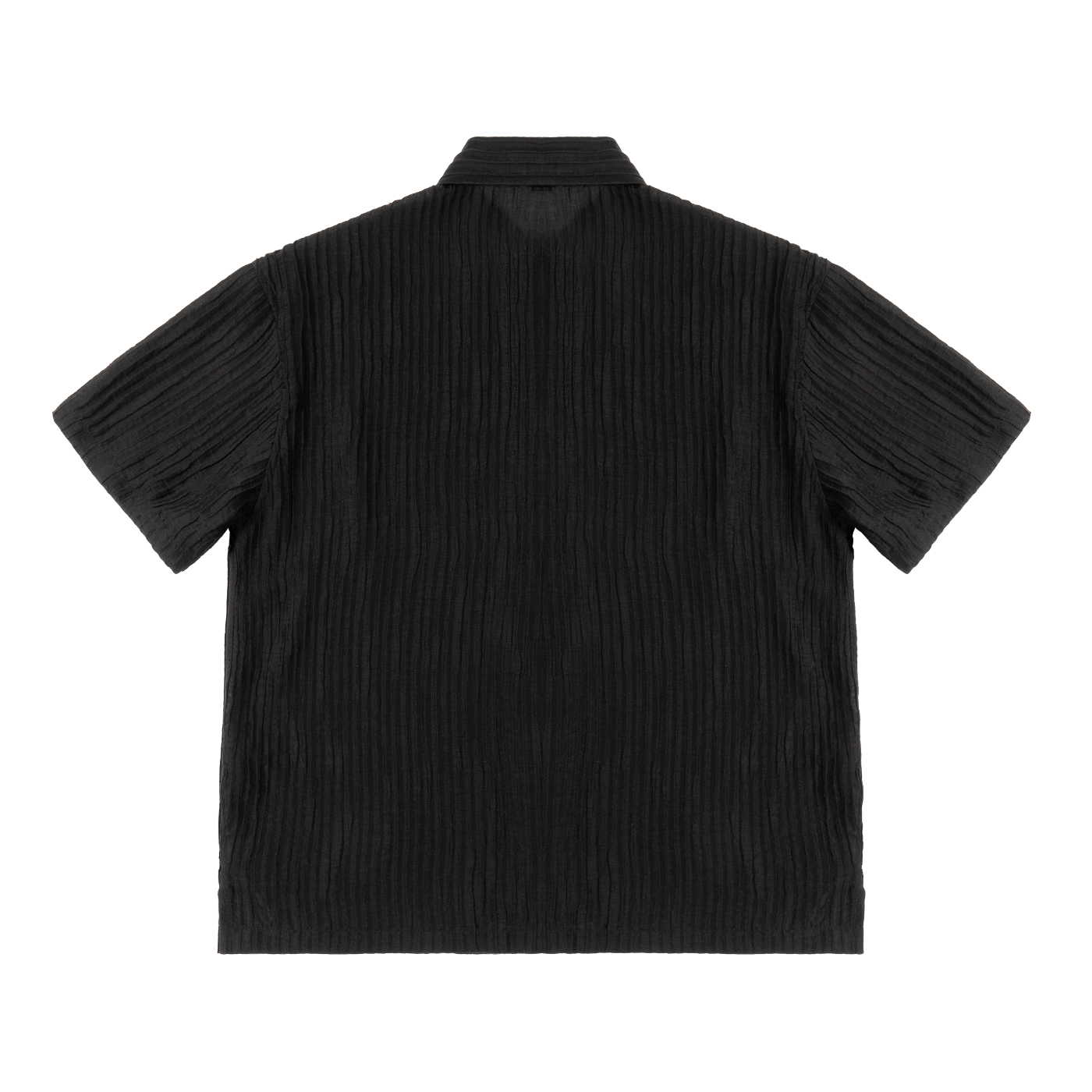 Flat lay of the sustainable Future-Homme daily uniform, tencel jacquard button down in black backside on a white background