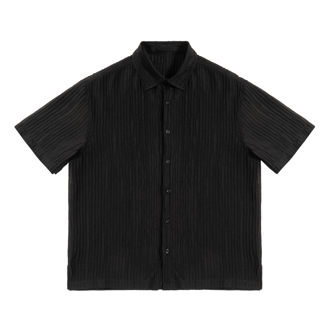 Flat lay of the sustainable Future-Homme daily uniform, tencel jacquard button down in black frontside on a white background