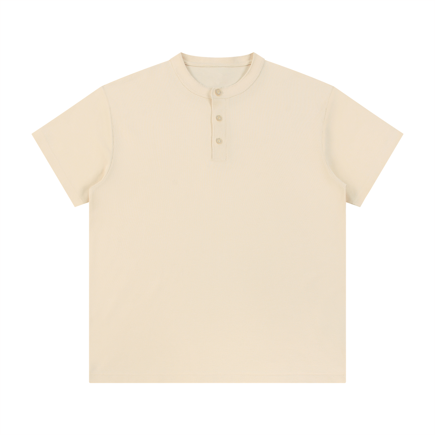 Flat lay of the sustainable Future-Homme daily uniform three button short sleeve henley 280 GSM in apricot frontside on a white background 