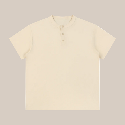 Flat lay of the sustainable Future-Homme daily uniform three button short sleeve henley 280 GSM in apricot frontside on a white background 