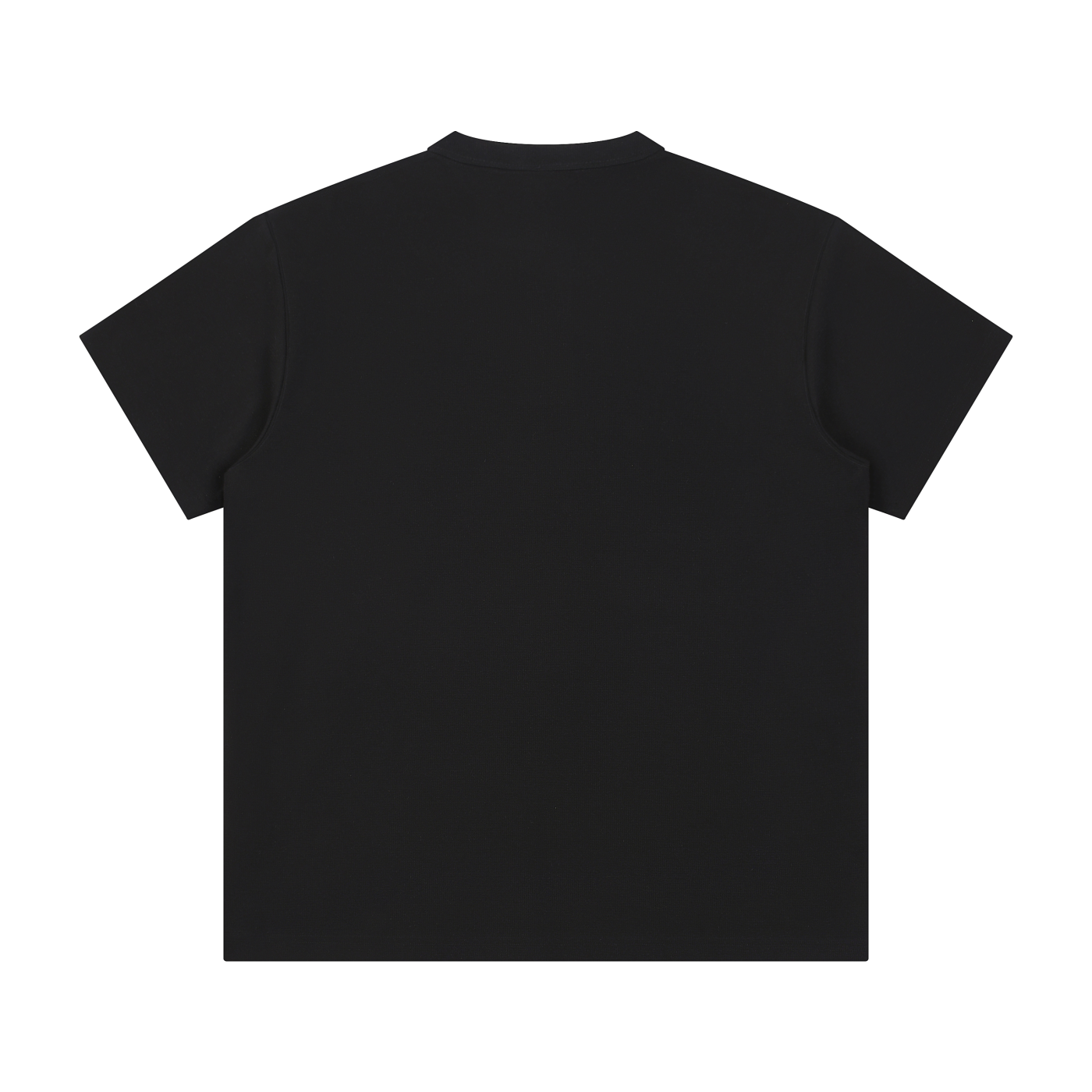 Flat lay of the sustainable Future-Homme daily uniform three button short sleeve henley 280 GSM in black backside on a white background