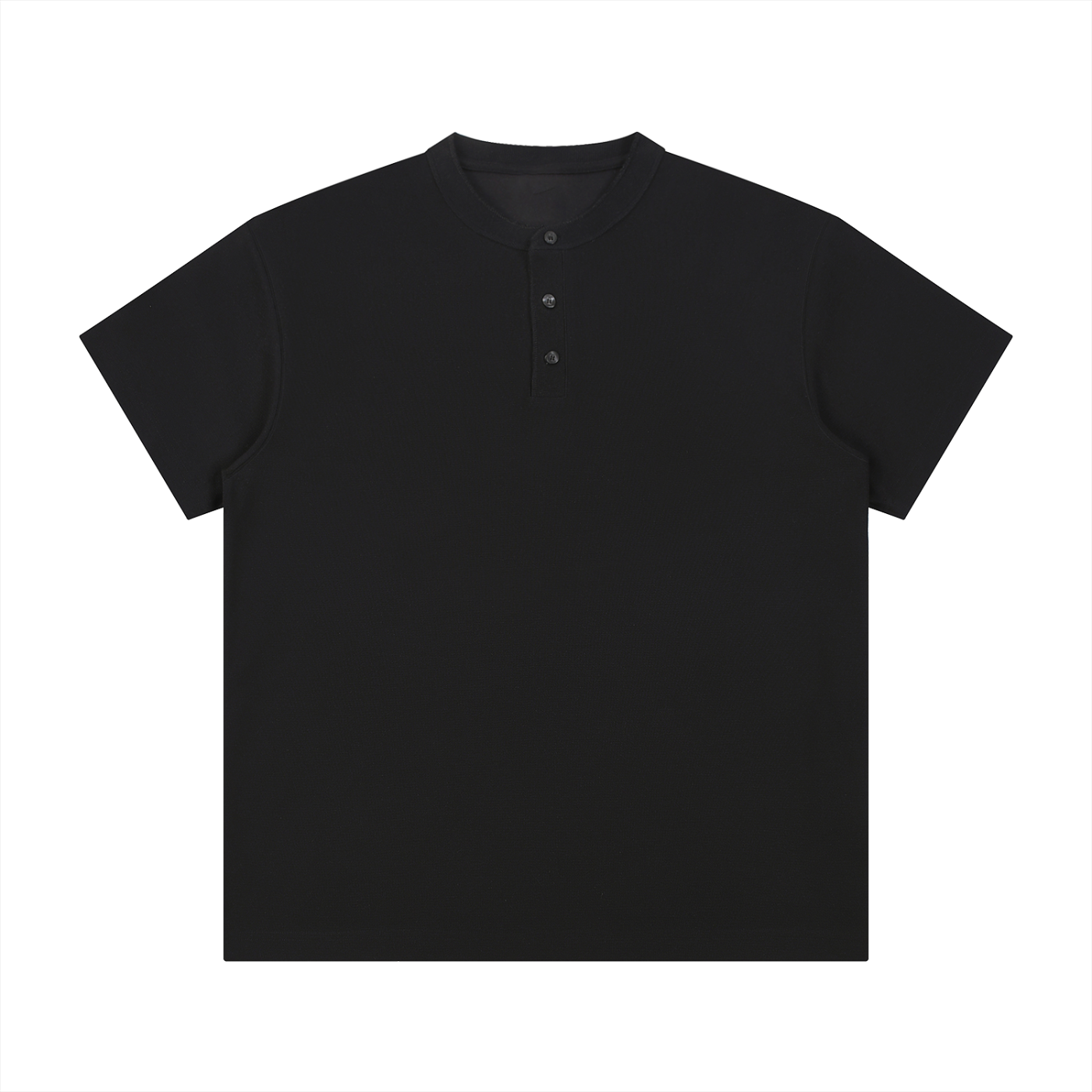 Flat lay of the sustainable Future-Homme daily uniform three button short sleeve henley 280 GSM in black frontside on a white background 