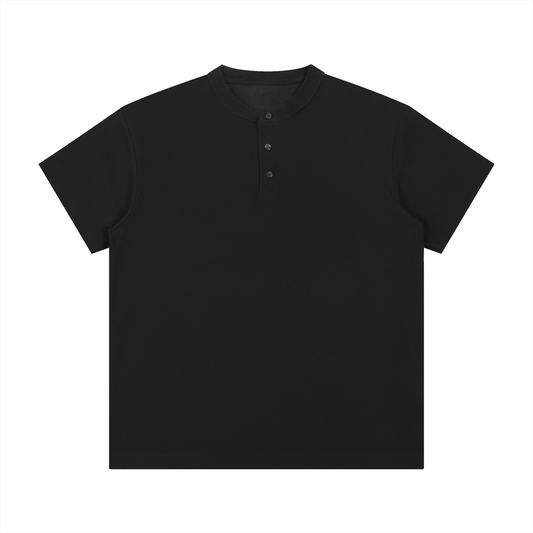 Flat lay of the sustainable Future-Homme daily uniform three button short sleeve henley 280 GSM in black frontside on a white background 