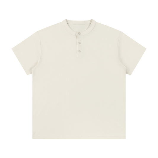 Flat lay of the sustainable Future-Homme daily uniform three button short sleeve henley 280 GSM in light gray frontside on a white background 