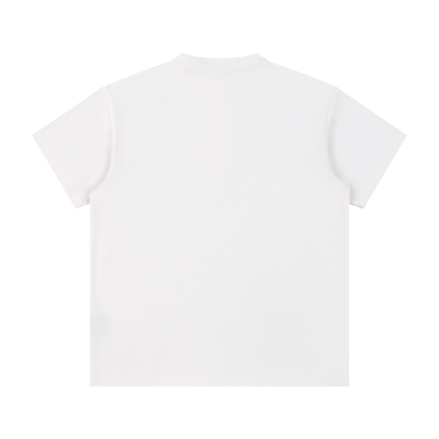 Flat lay of the sustainable Future-Homme daily uniform three button short sleeve henley 280 GSM in white backside on a white background 