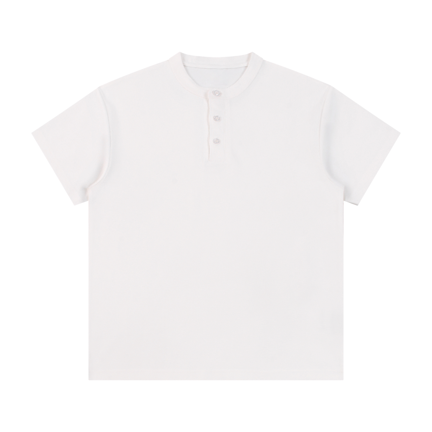 Flat lay of the sustainable Future-Homme daily uniform three button short sleeve henley 280 GSM in white frontside on a white background 