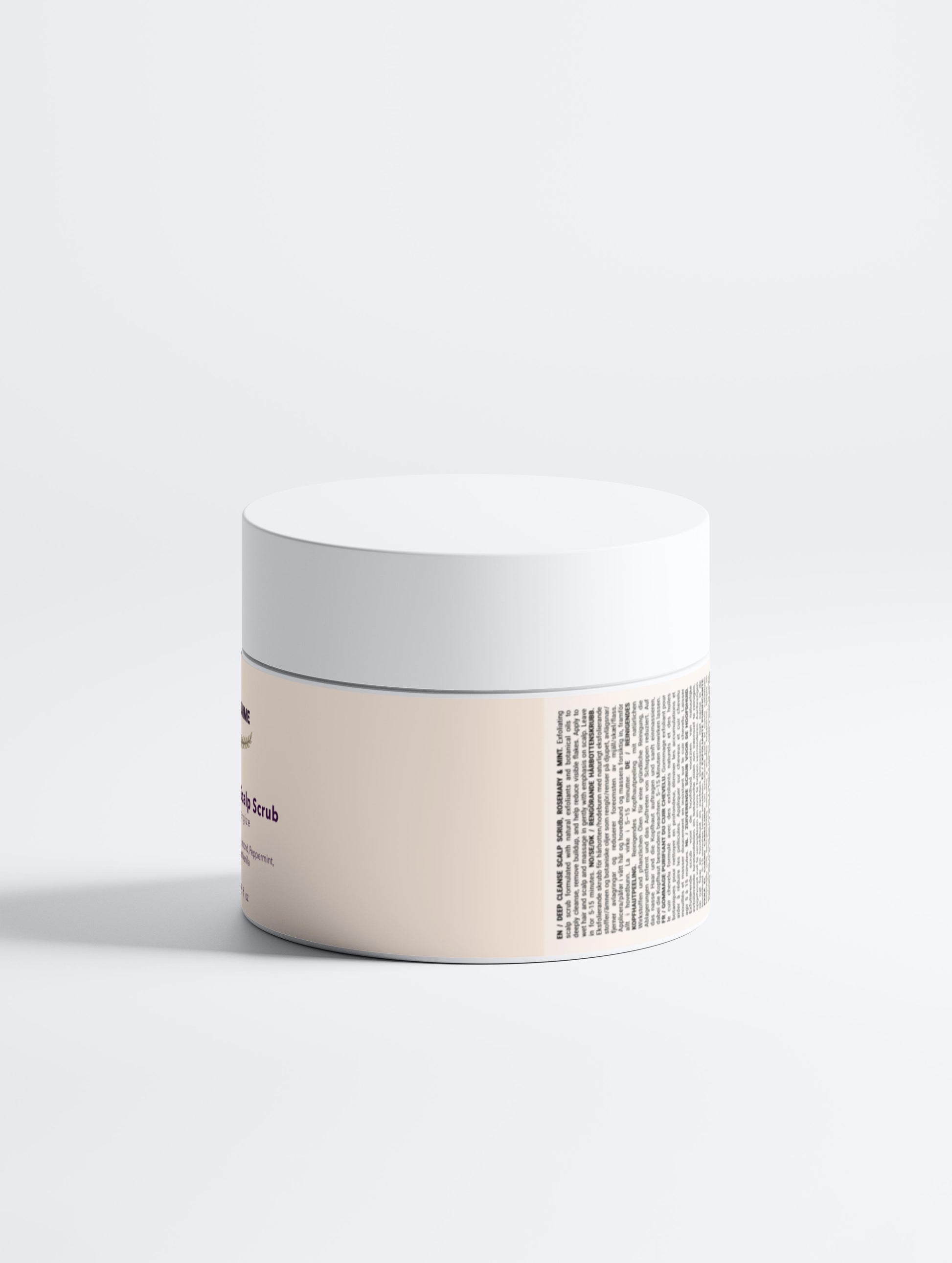 Cosmetic jar with a white lid and textured beige body on a light gray background