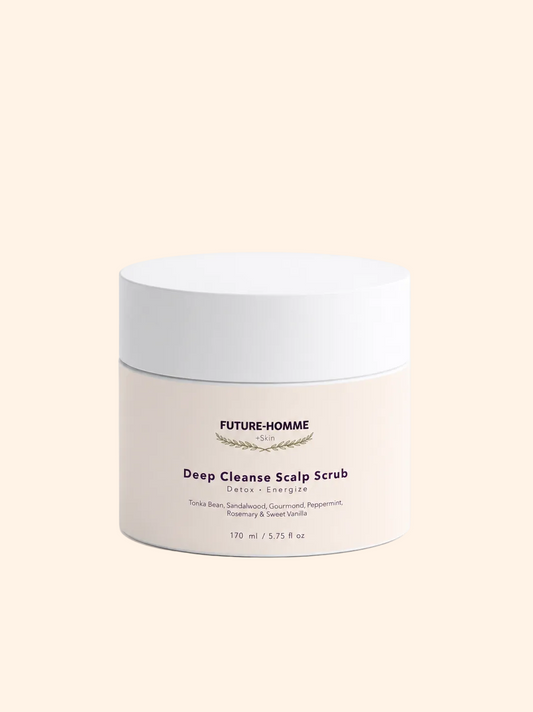 Jar of 'Future-Homme' Deep Cleanse Scalp Scrub on a beige background