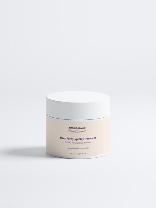 Jar of deep purifying clay treatment from Future Homme on a white background